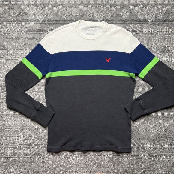 American Eagle Thermal Vintage Fit Long Sleeve Shirt Striped Mens Small Waffle - Picture 1 of 7